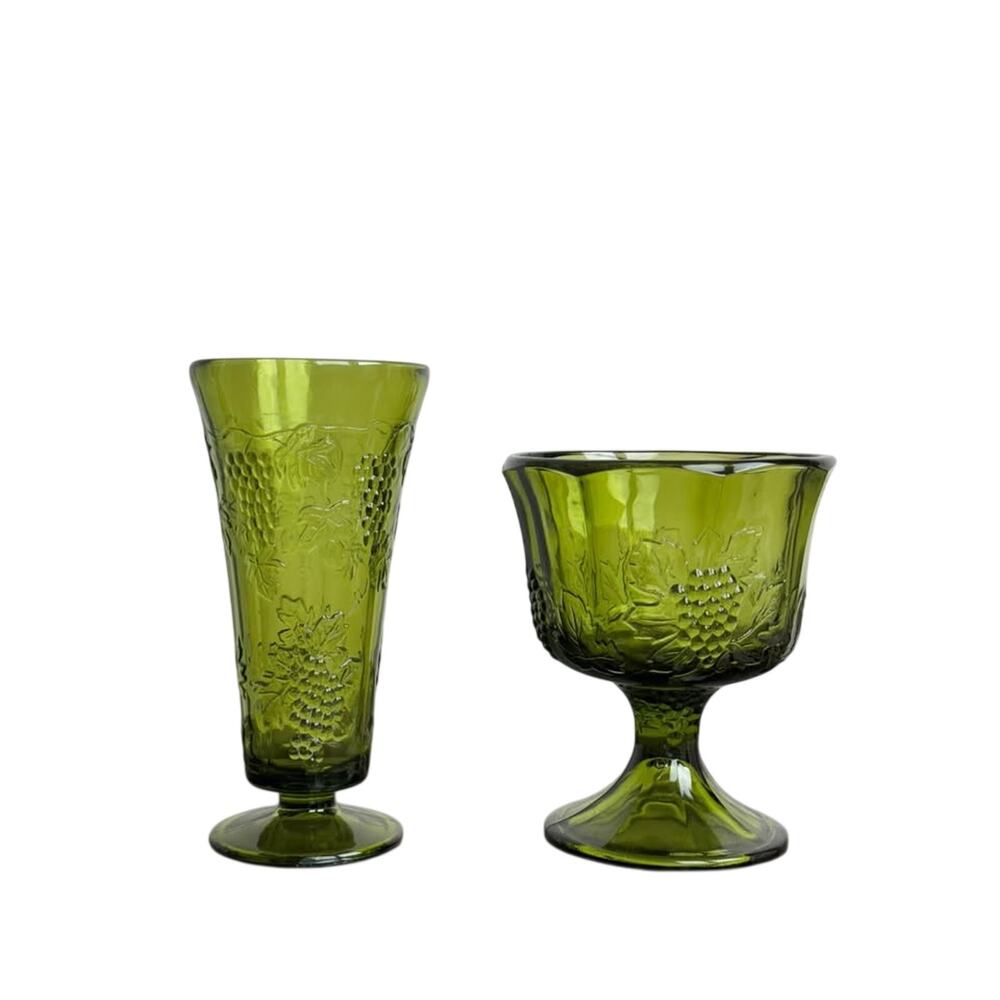Vintage Indiana Glass Co Vase Planter Set w/ Decorative Grapes & Leaves - EUC